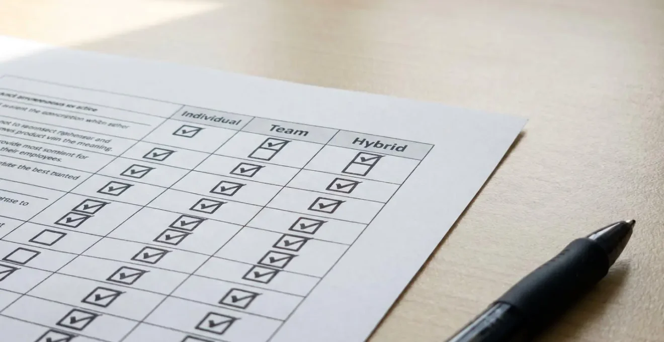 Close-up of printed comparison table on office desk showing three incentive model columns with checkmarks and criteria rows