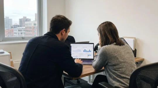 Two marketing professionals reviewing SEO performance analytics on laptop in modern office with natural window lighting