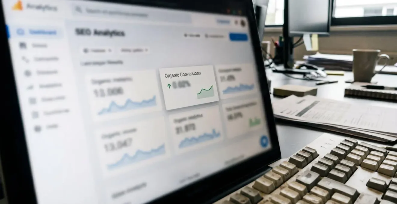 SEO analytics dashboard on laptop screen showing organic conversion metrics with upward trend line and performance graphs